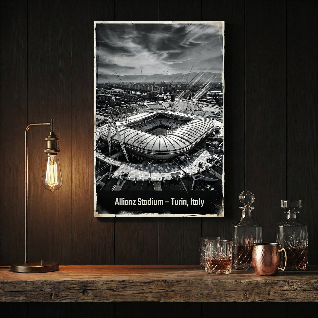 Monochrome aerial view of Allianz Stadium in Turin Italy wall art.