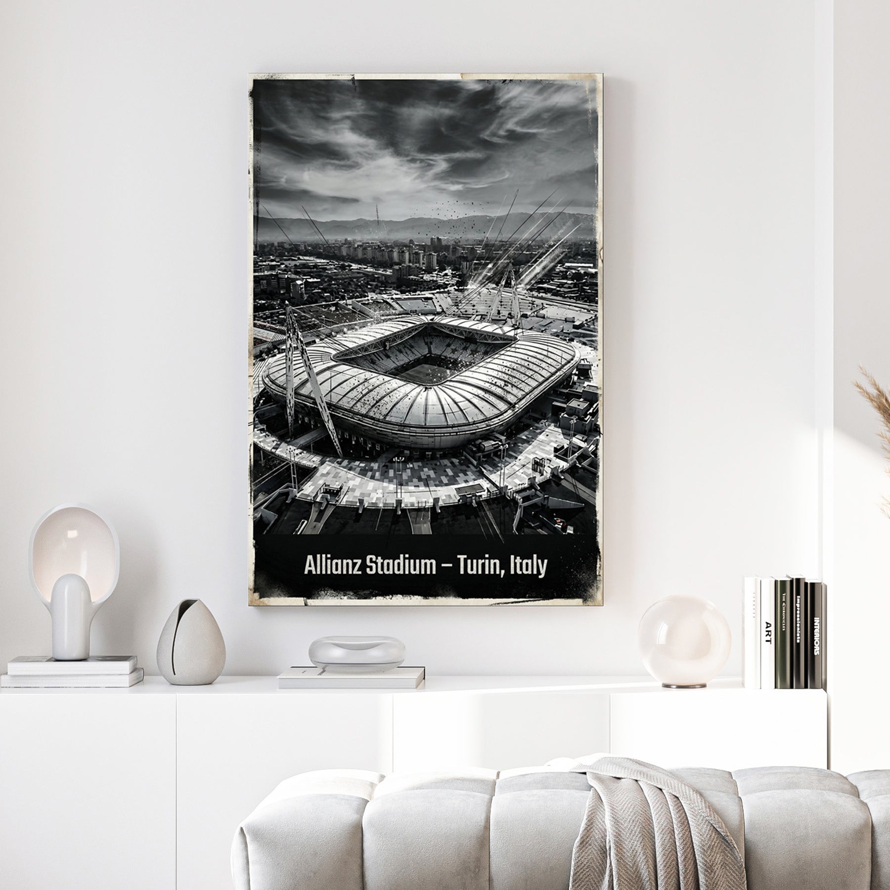 Monochrome aerial view of Allianz Stadium in Turin Italy wall art.