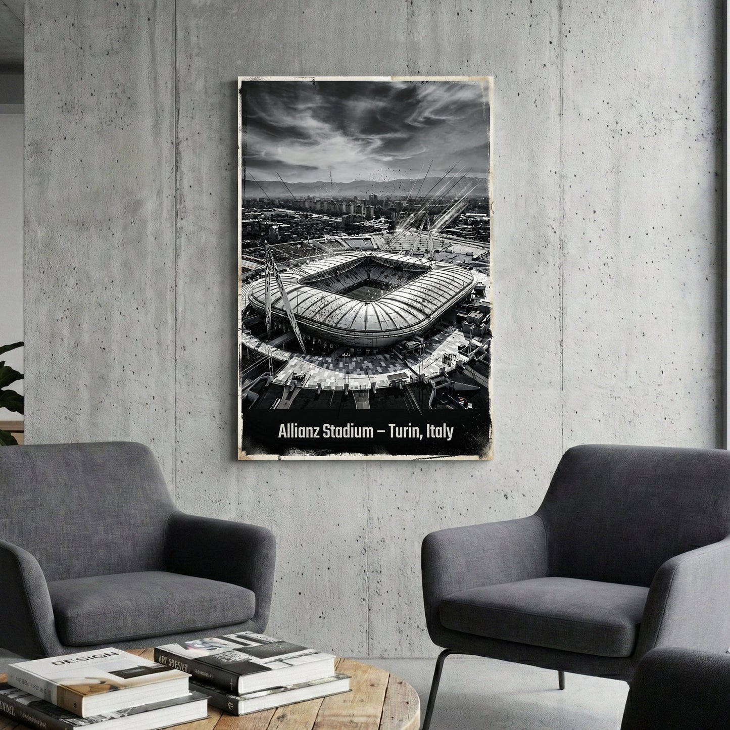 Monochrome aerial view of Allianz Stadium in Turin Italy wall art.