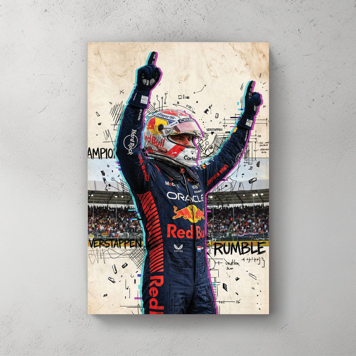 Max Verstappen Red Bull racing suit street art wall art with glitch effects.