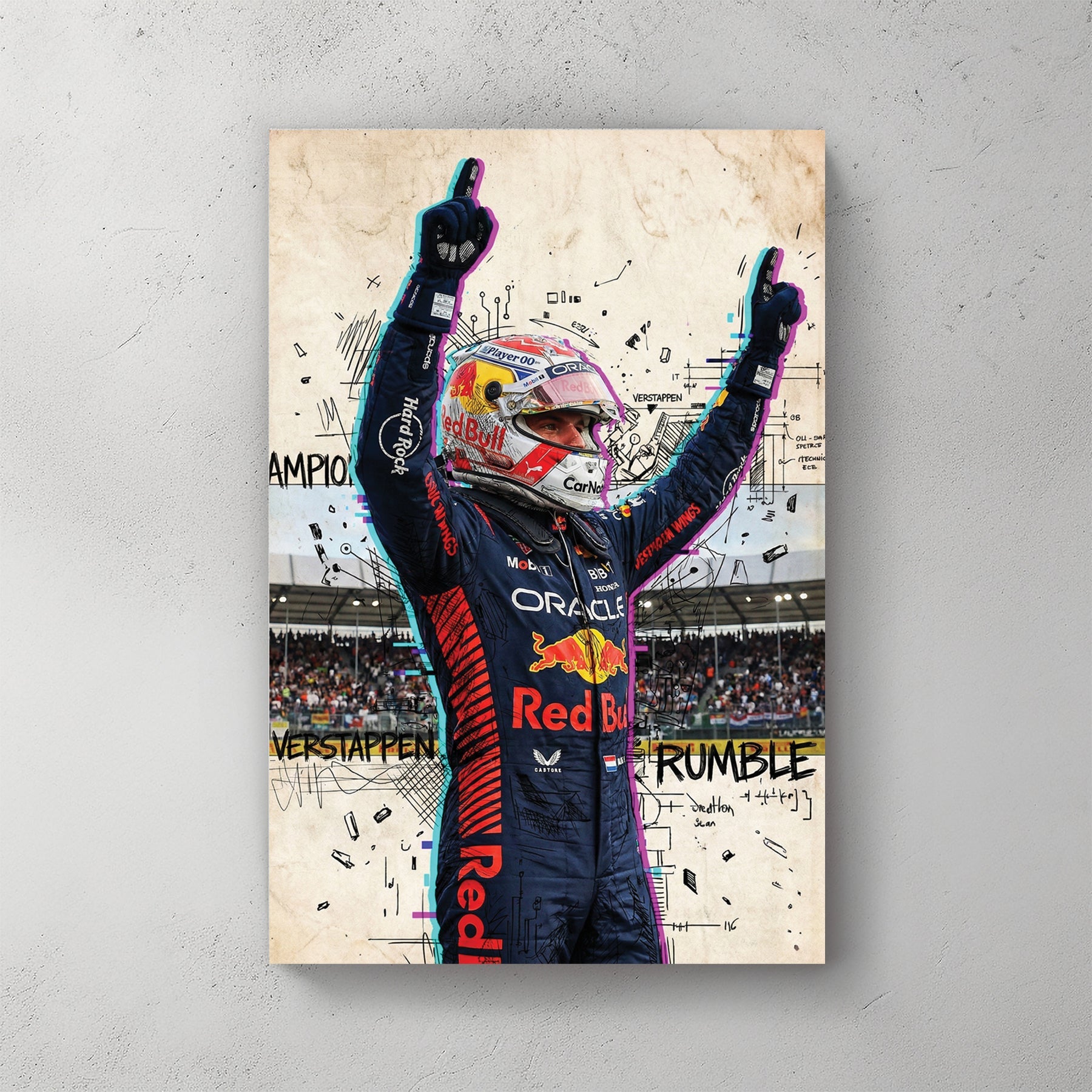 Max Verstappen Red Bull racing suit street art wall art with glitch effects.