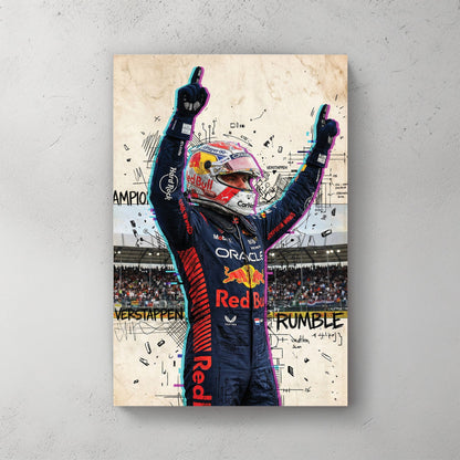 Max Verstappen Red Bull racing suit street art wall art with glitch effects.