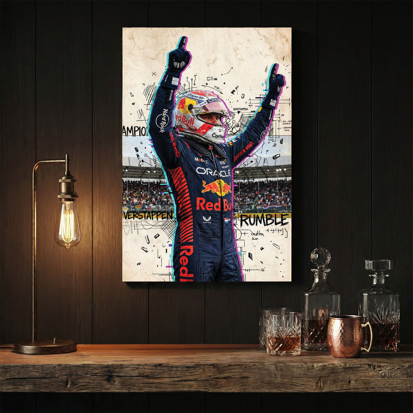 Max Verstappen Red Bull racing suit street art wall art with glitch effects.