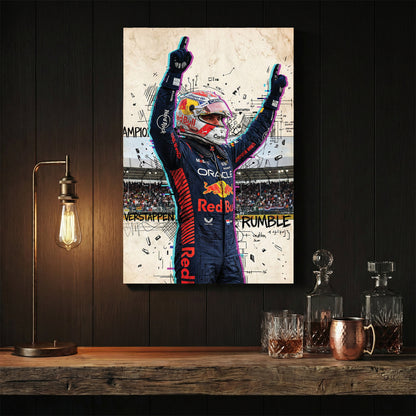 Max Verstappen Red Bull racing suit street art wall art with glitch effects.
