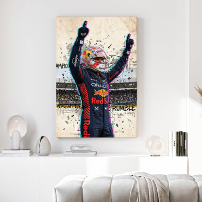 Max Verstappen Red Bull racing suit street art wall art with glitch effects.