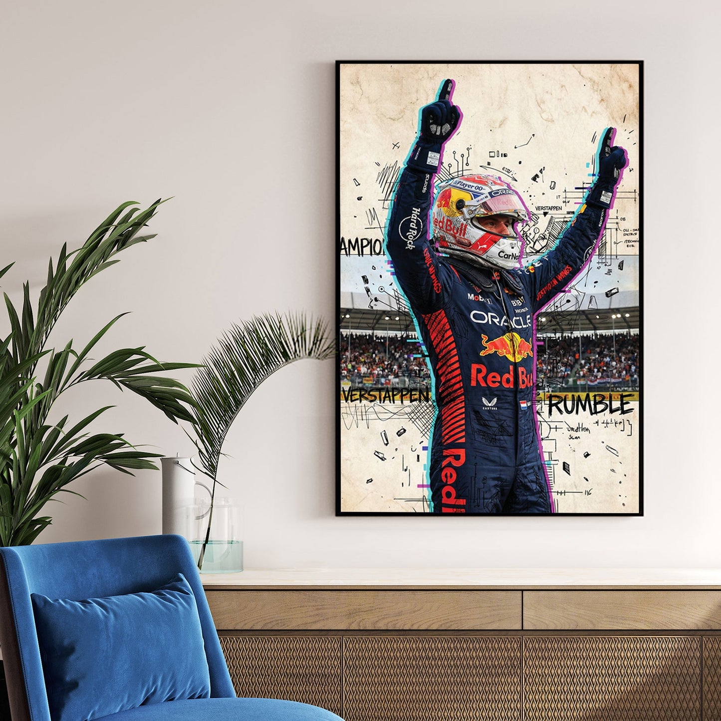 Max Verstappen Red Bull racing suit street art wall art with glitch effects.