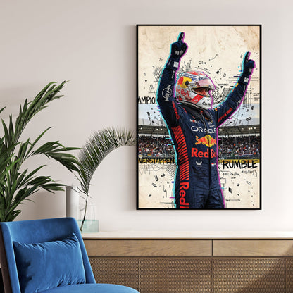 Max Verstappen Red Bull racing suit street art wall art with glitch effects.