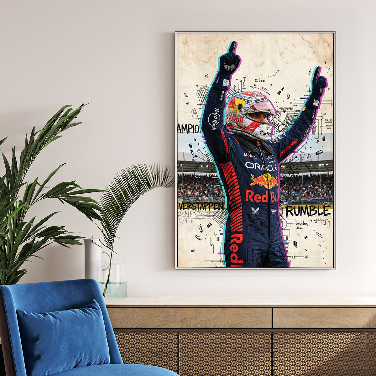 Max Verstappen Red Bull racing suit street art wall art with glitch effects.