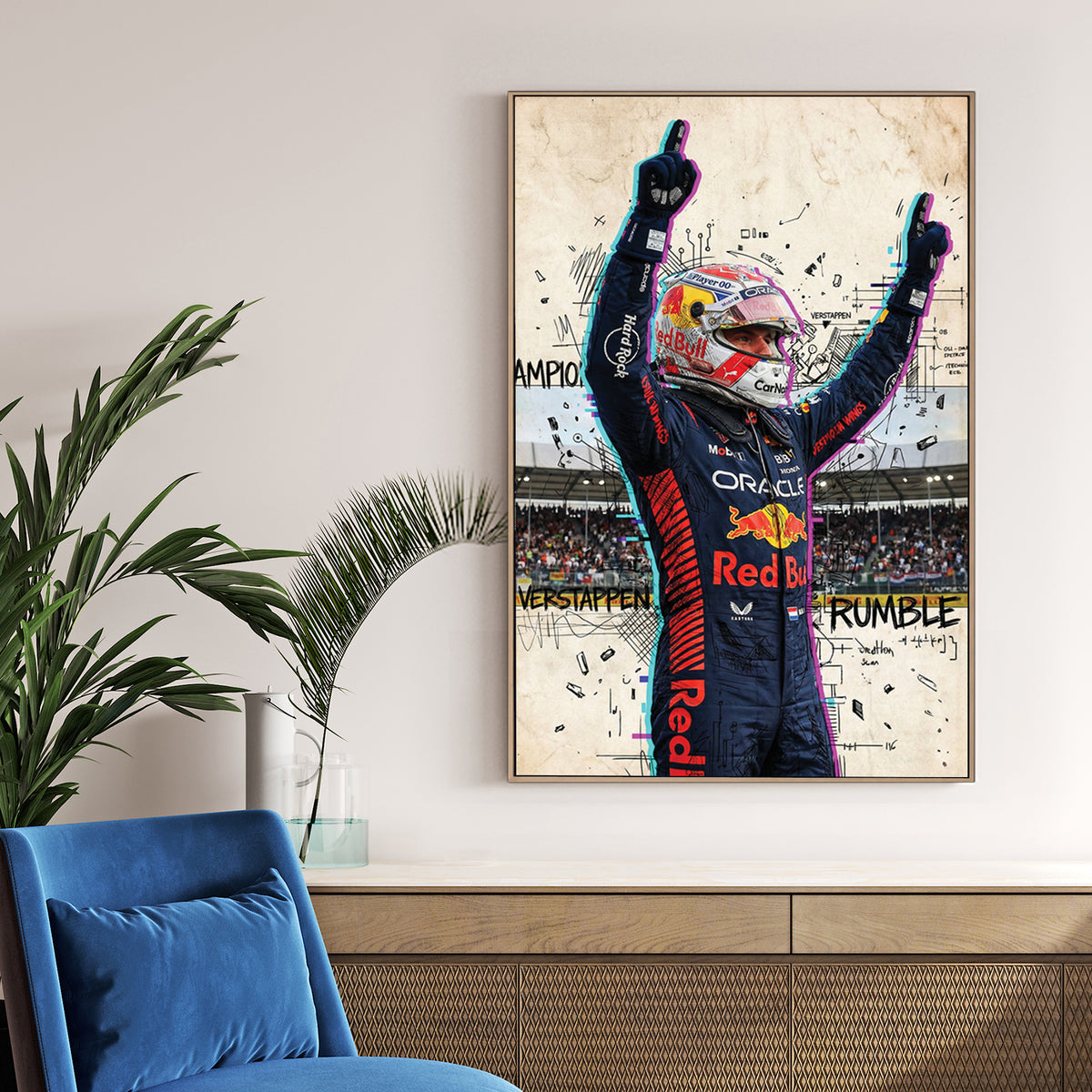 Max Verstappen Red Bull racing suit street art wall art with glitch effects.
