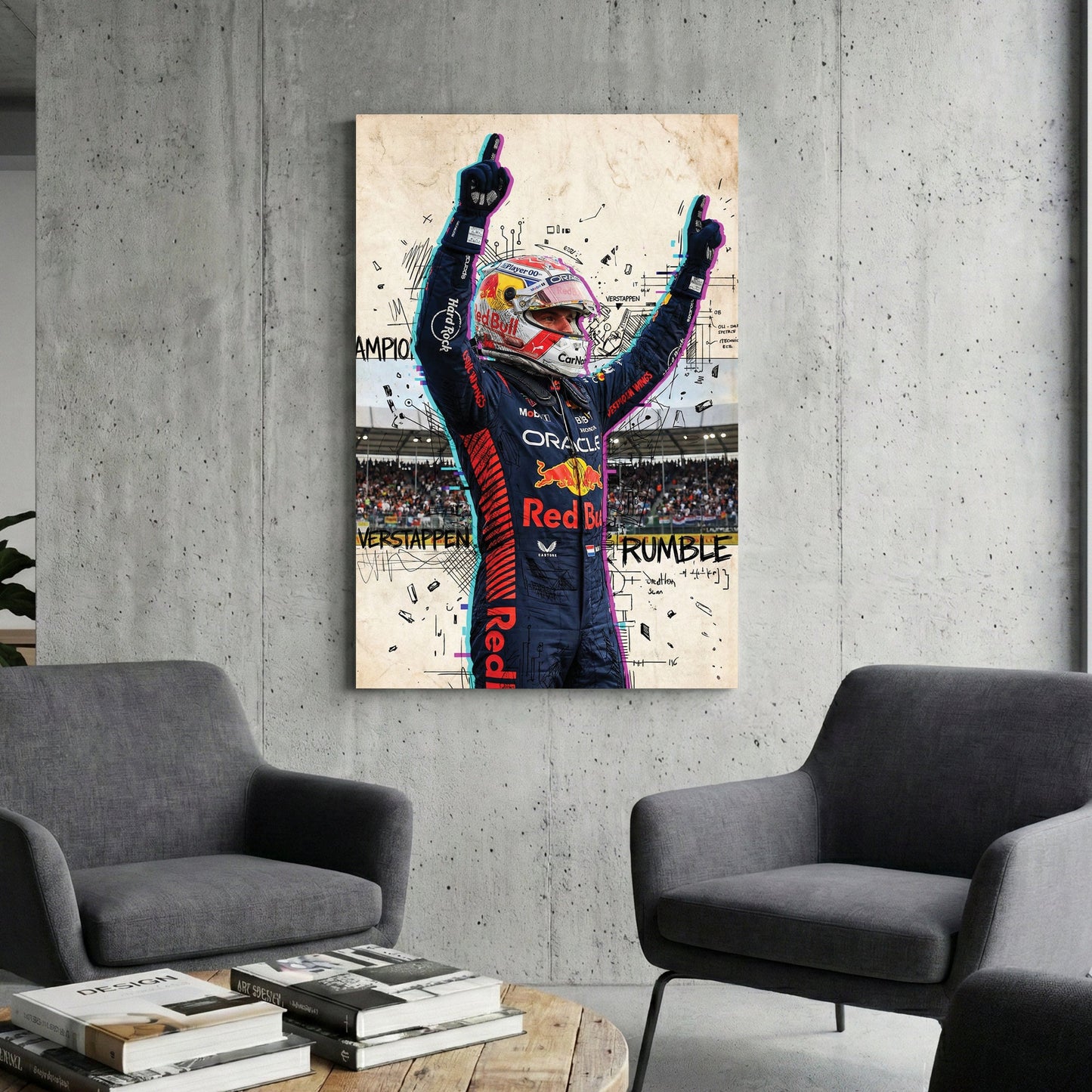 Max Verstappen Red Bull racing suit street art wall art with glitch effects.