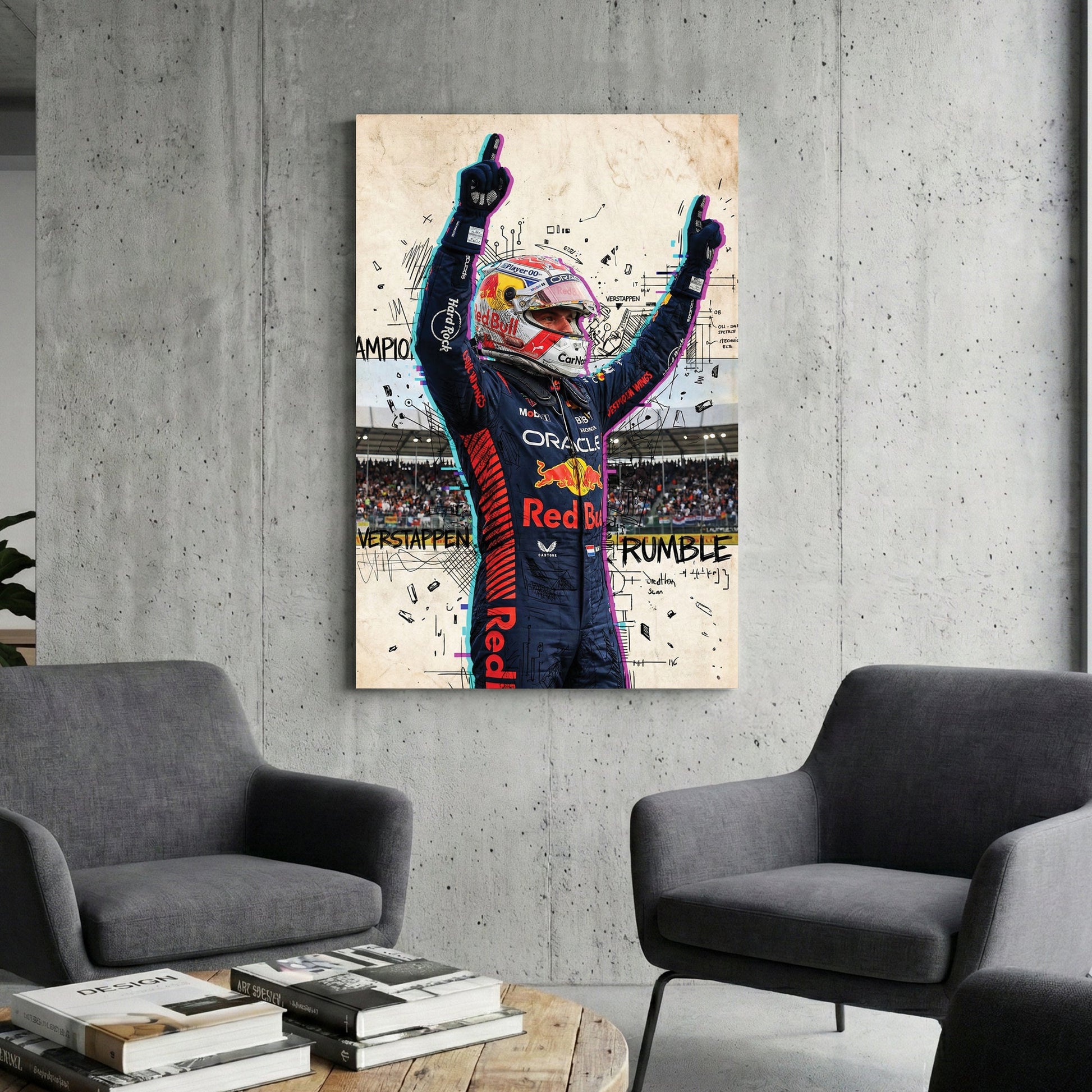 Max Verstappen Red Bull racing suit street art wall art with glitch effects.