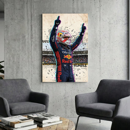Max Verstappen Red Bull racing suit street art wall art with glitch effects.