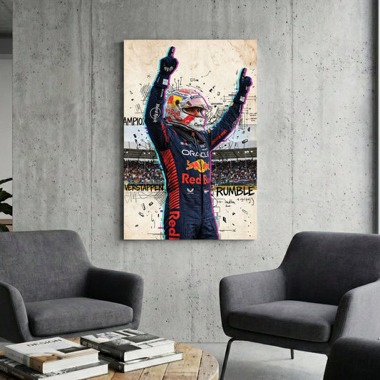 Max Verstappen Red Bull racing suit street art wall art with glitch effects.