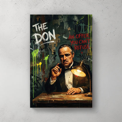 The Godfather Vito Corleone street art with neon drips and typography wall art.
