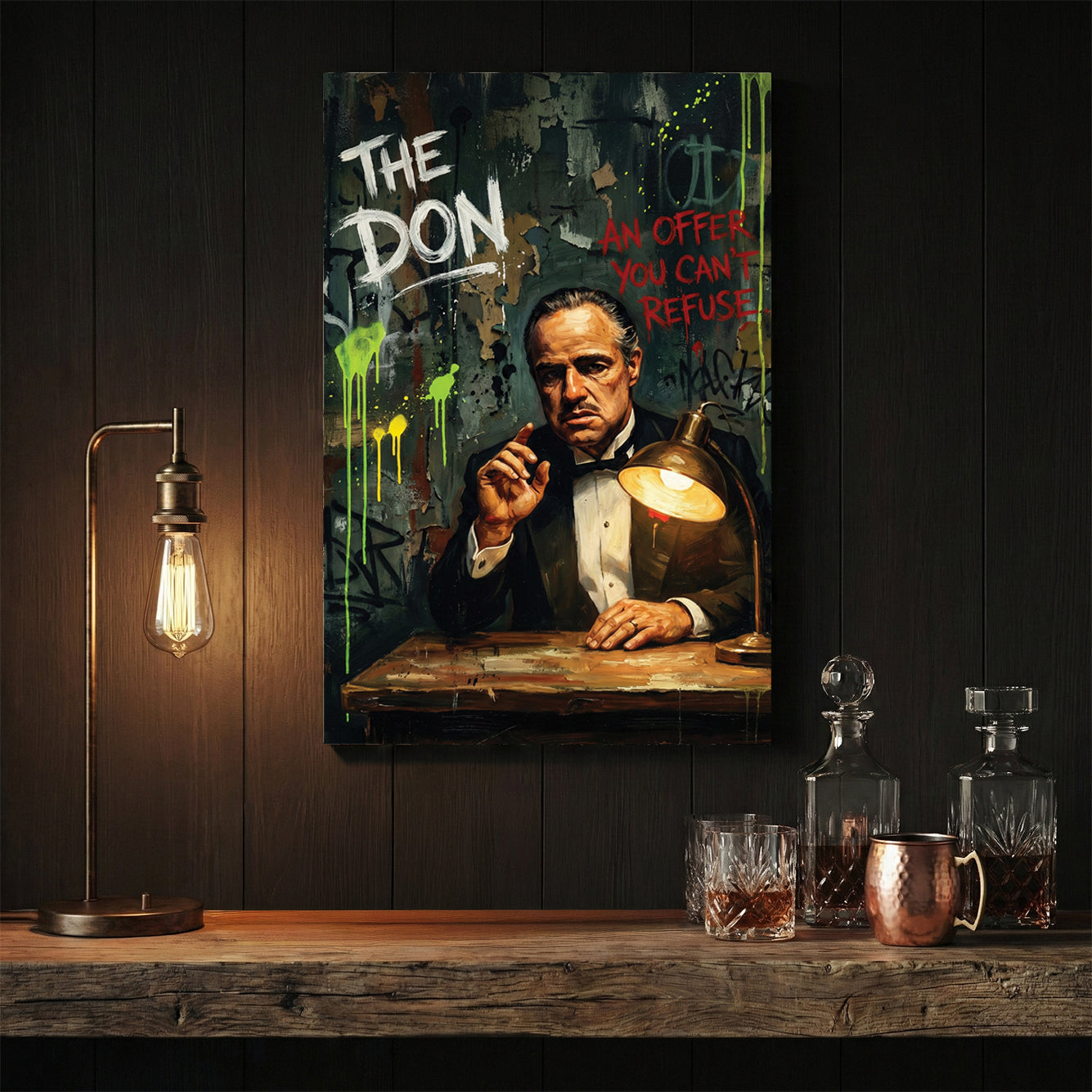 The Godfather Vito Corleone street art with neon drips and typography wall art.