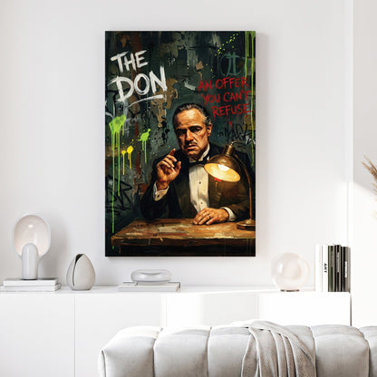 The Godfather Vito Corleone street art with neon drips and typography wall art.