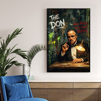 The Godfather Vito Corleone street art with neon drips and typography wall art.