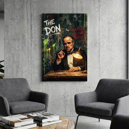 The Godfather Vito Corleone street art with neon drips and typography wall art.
