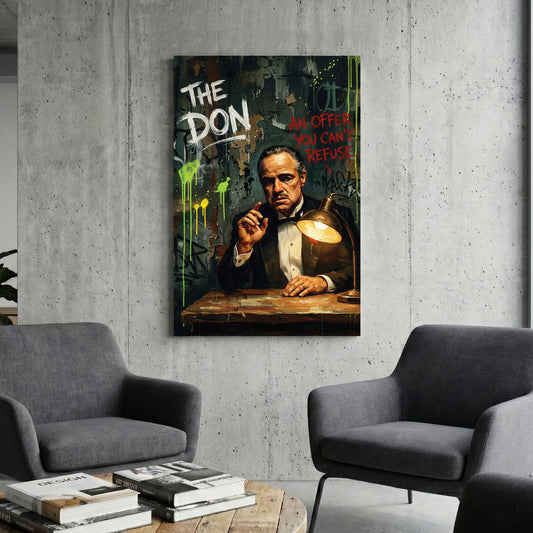 The Godfather Vito Corleone street art with neon drips and typography wall art.