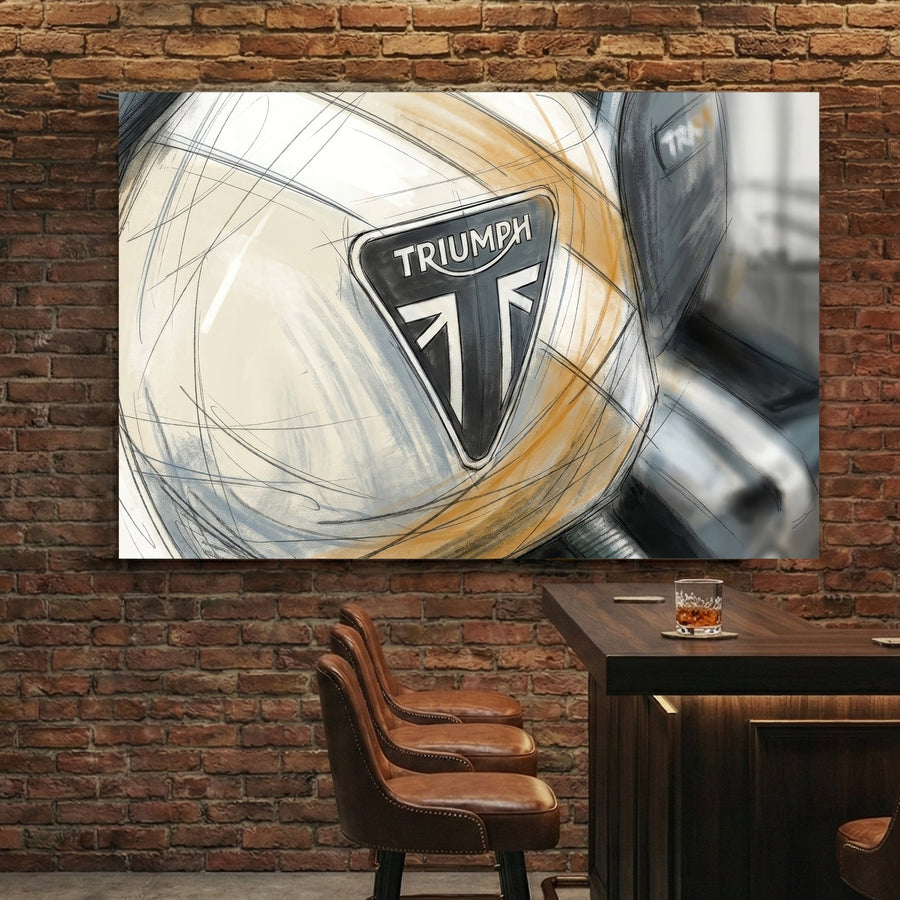 Close-up illustration of a Triumph motorcycle tank logo wall art.