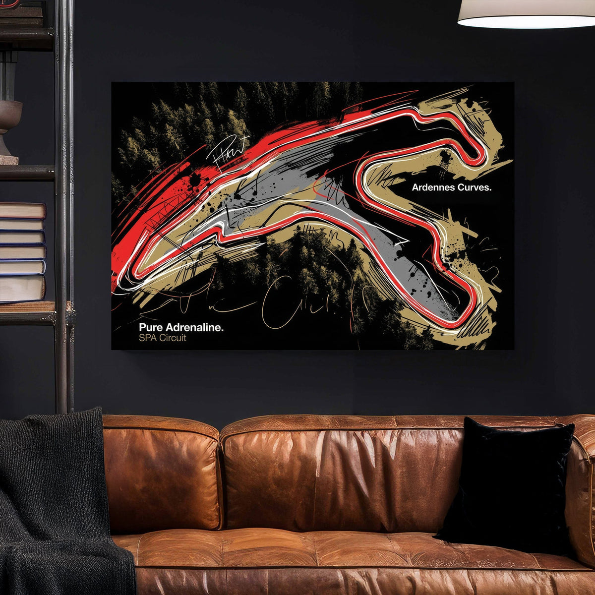 Abstract red and white SPA Circuit racetrack layout wall art over a dark forest background.