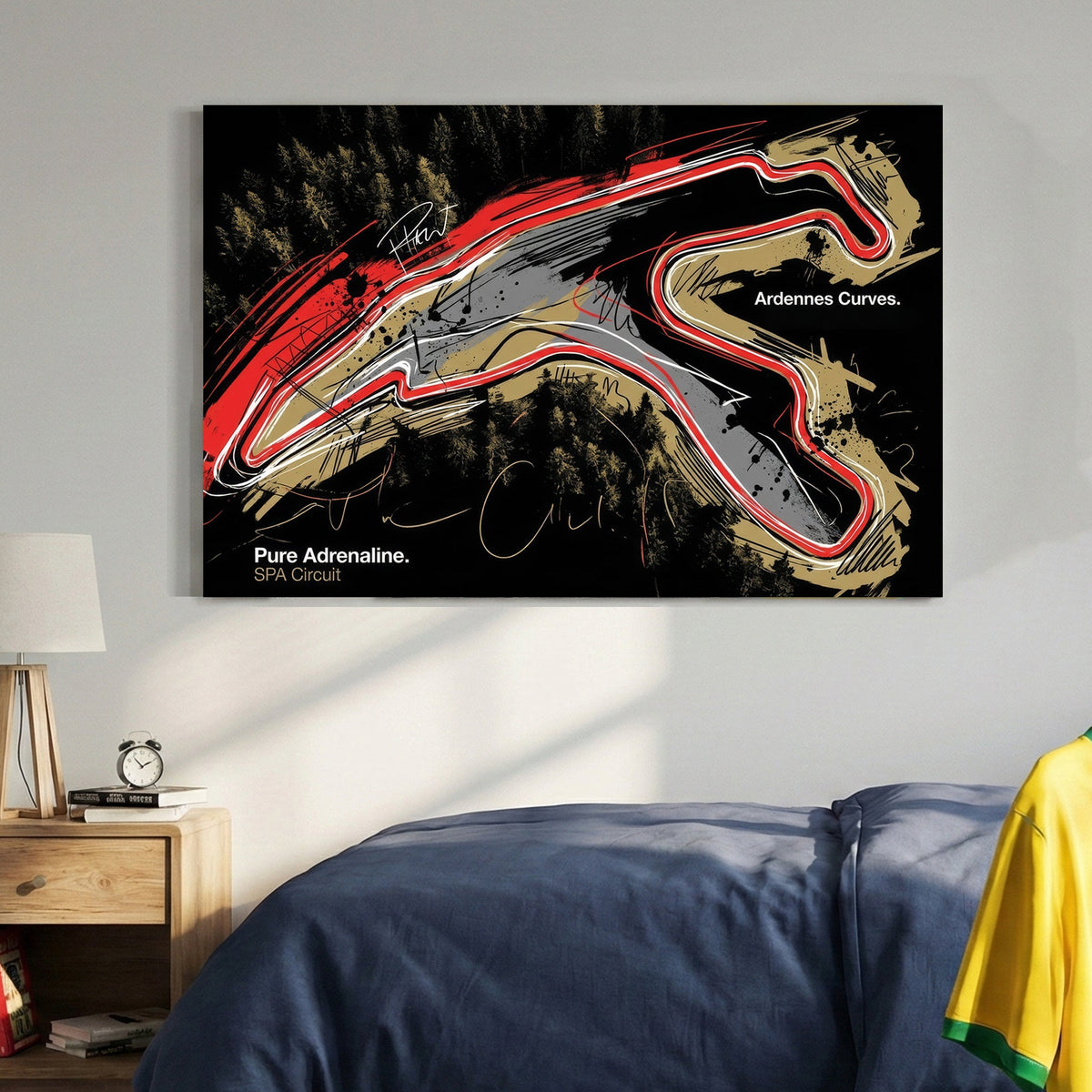 Abstract red and white SPA Circuit racetrack layout wall art over a dark forest background.