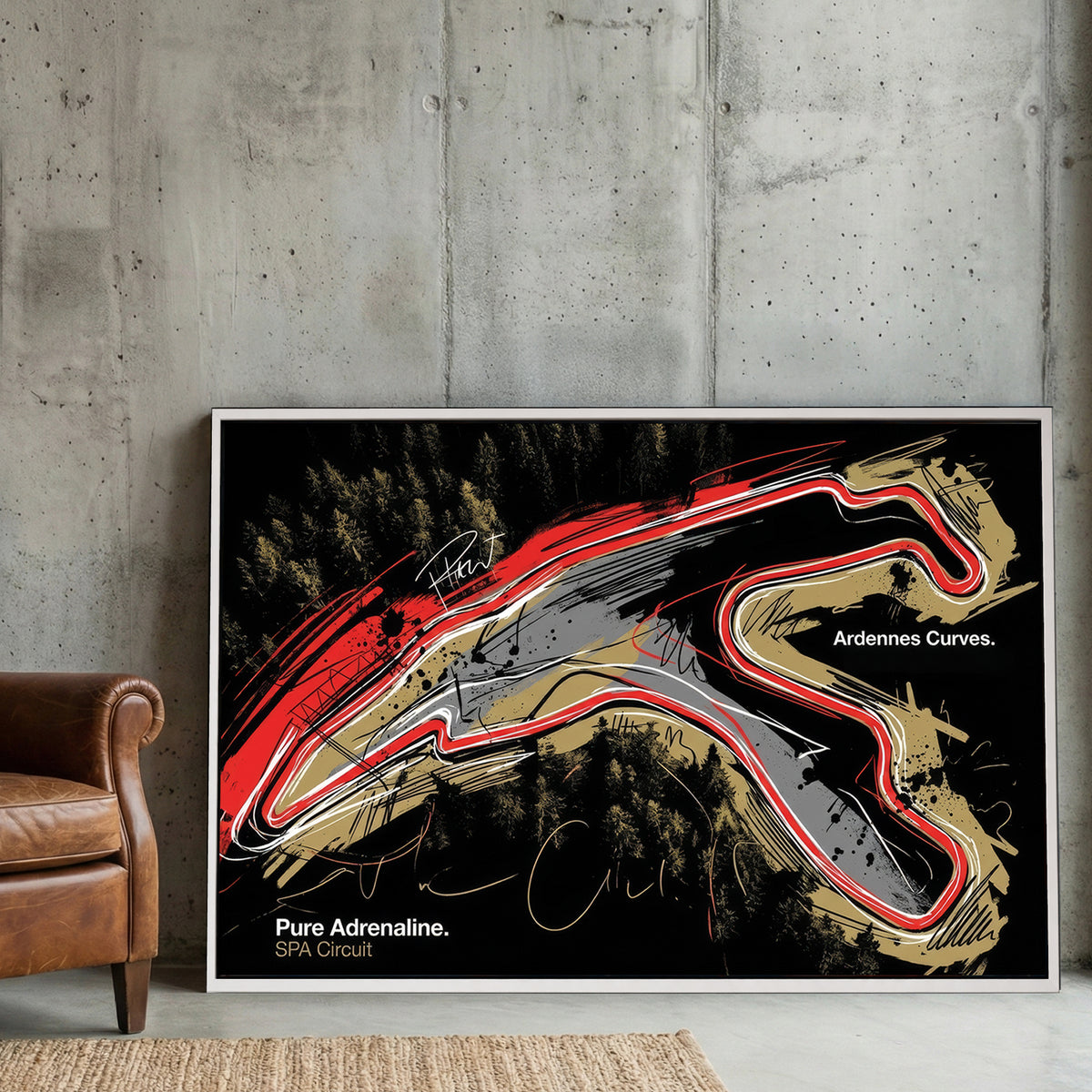 Abstract red and white SPA Circuit racetrack layout wall art over a dark forest background.