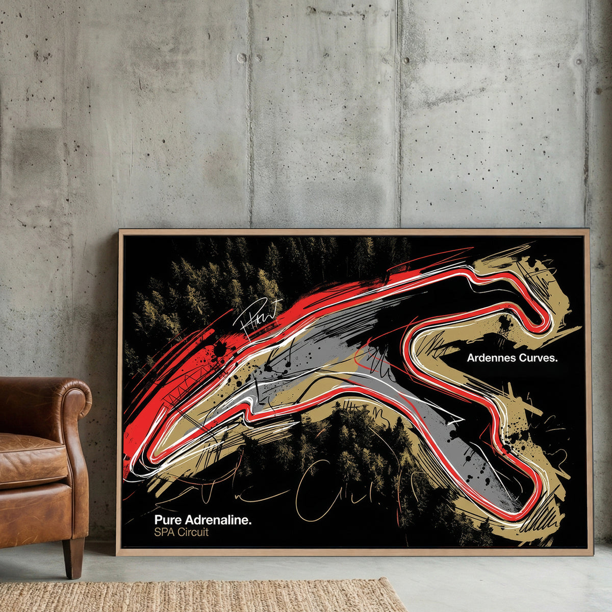 Abstract red and white SPA Circuit racetrack layout wall art over a dark forest background.