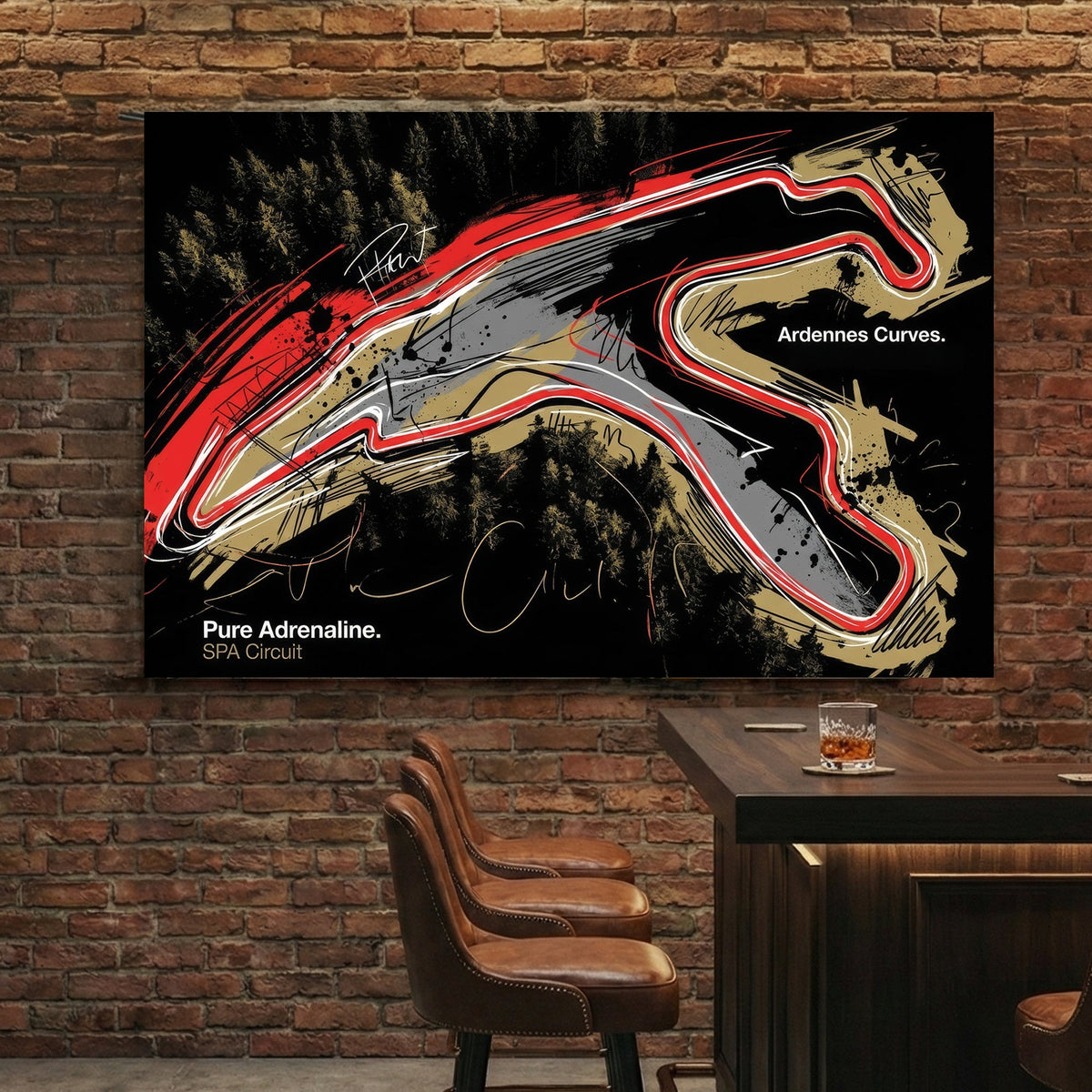 Abstract red and white SPA Circuit racetrack layout wall art over a dark forest background.