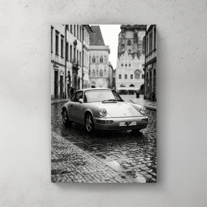 Monochrome RUF Porsche 911 on a European cobblestone street wall art.