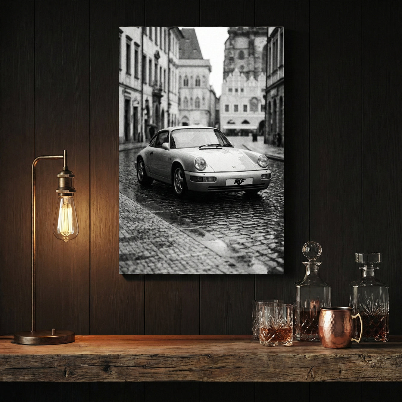 Monochrome RUF Porsche 911 on a European cobblestone street wall art.