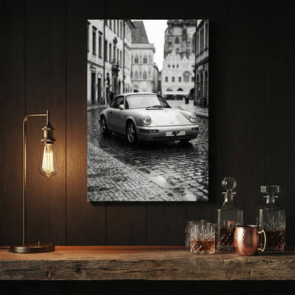 Monochrome RUF Porsche 911 on a European cobblestone street wall art.