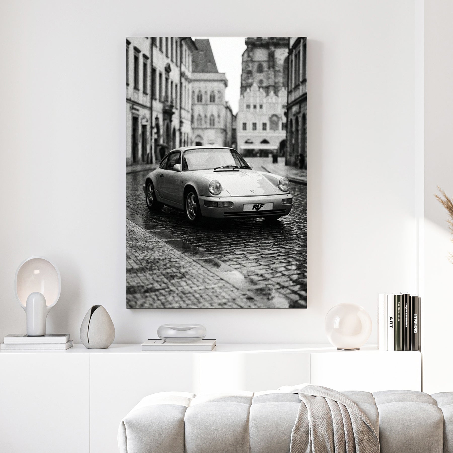 Monochrome RUF Porsche 911 on a European cobblestone street wall art.