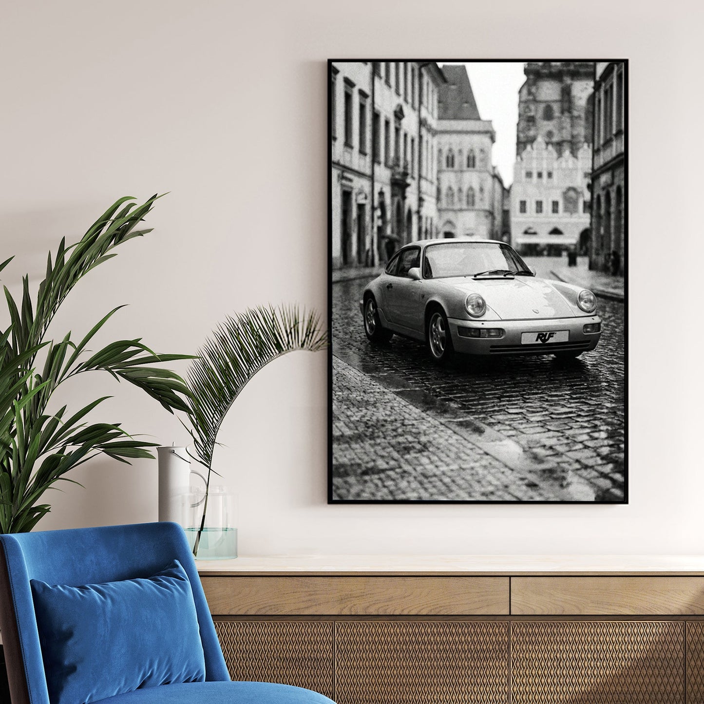 Monochrome RUF Porsche 911 on a European cobblestone street wall art.