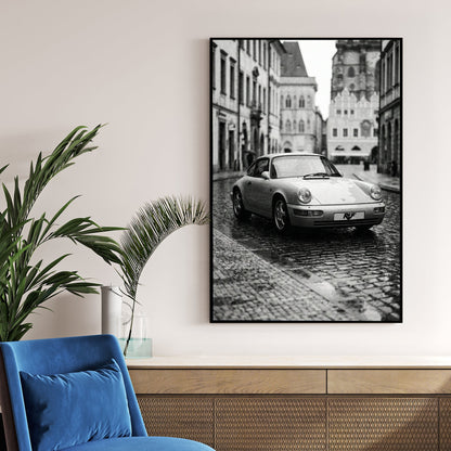 Monochrome RUF Porsche 911 on a European cobblestone street wall art.