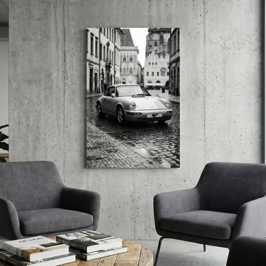 Monochrome RUF Porsche 911 on a European cobblestone street wall art.