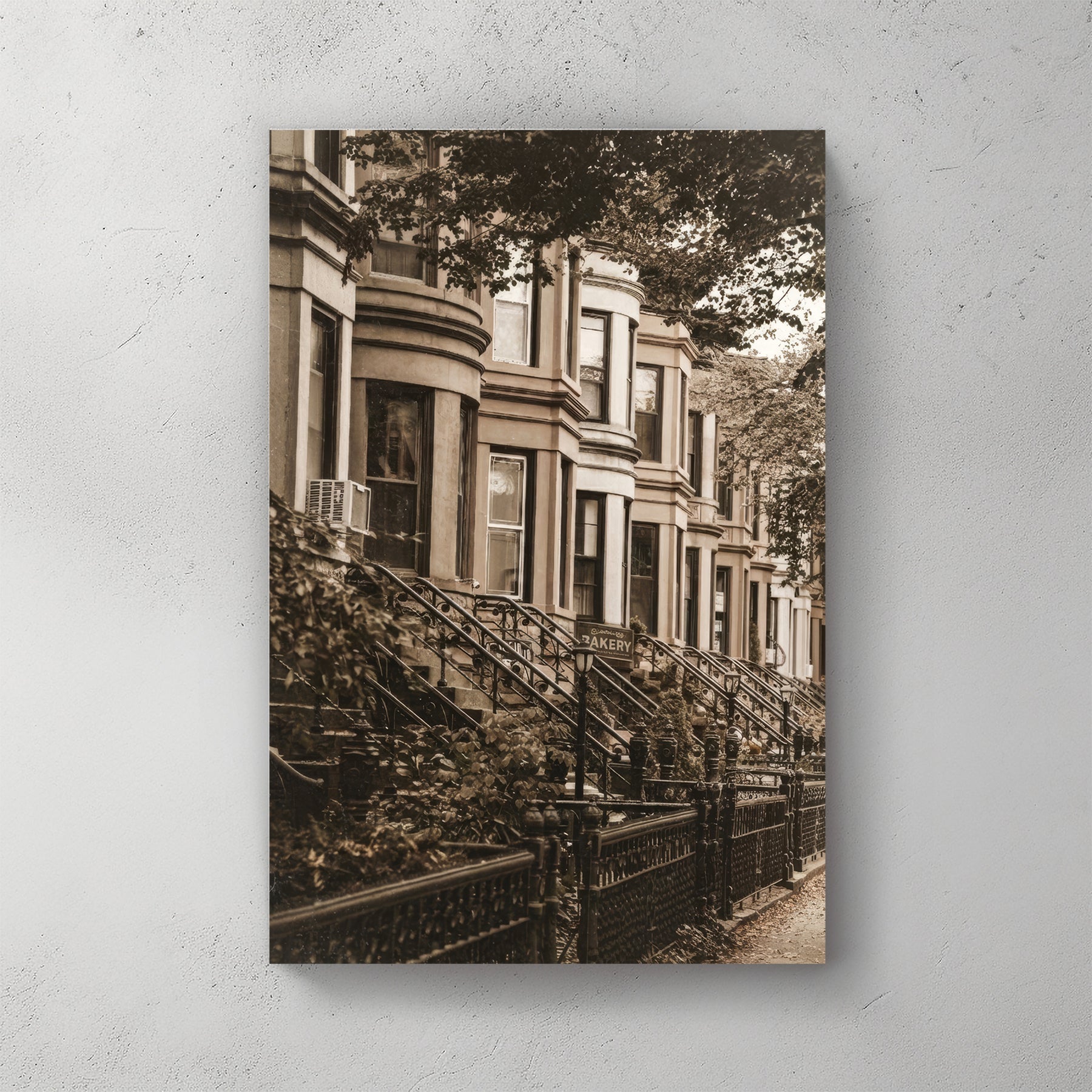 Vintage sepia photograph of Brooklyn brownstones and a bakery sign wall art.