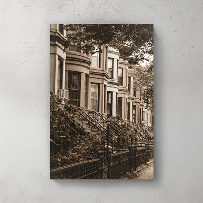 Vintage sepia photograph of Brooklyn brownstones and a bakery sign wall art.