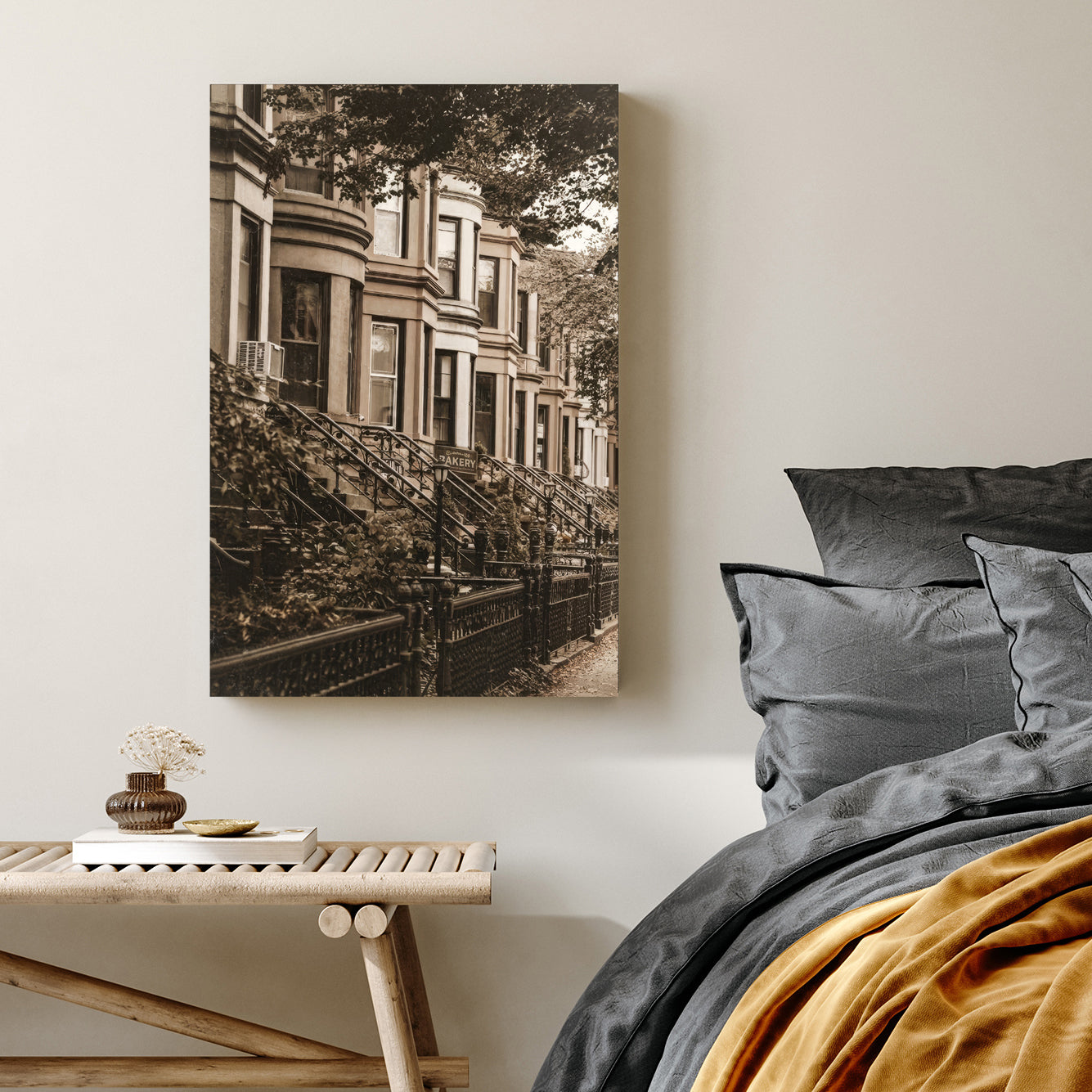 Vintage sepia photograph of Brooklyn brownstones and a bakery sign wall art.