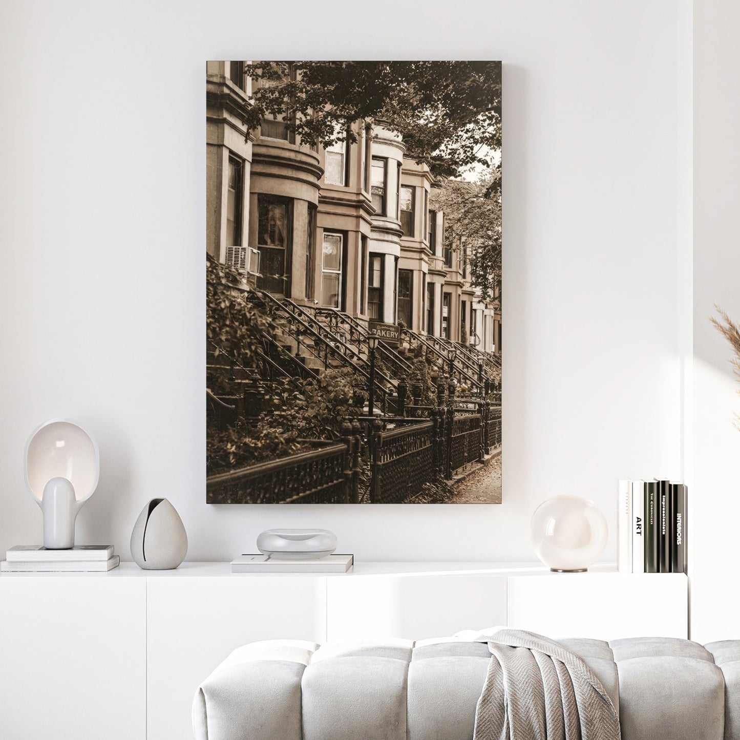 Vintage sepia photograph of Brooklyn brownstones and a bakery sign wall art.