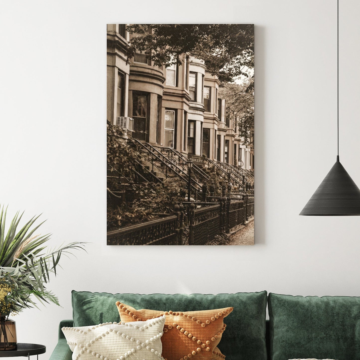 Vintage sepia photograph of Brooklyn brownstones and a bakery sign wall art.