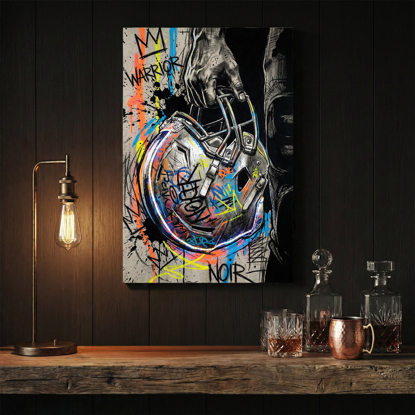 Football helmet wall art featuring a hand-held helmet with graffiti and street art details.