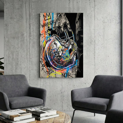 Football helmet wall art featuring a hand-held helmet with graffiti and street art details.