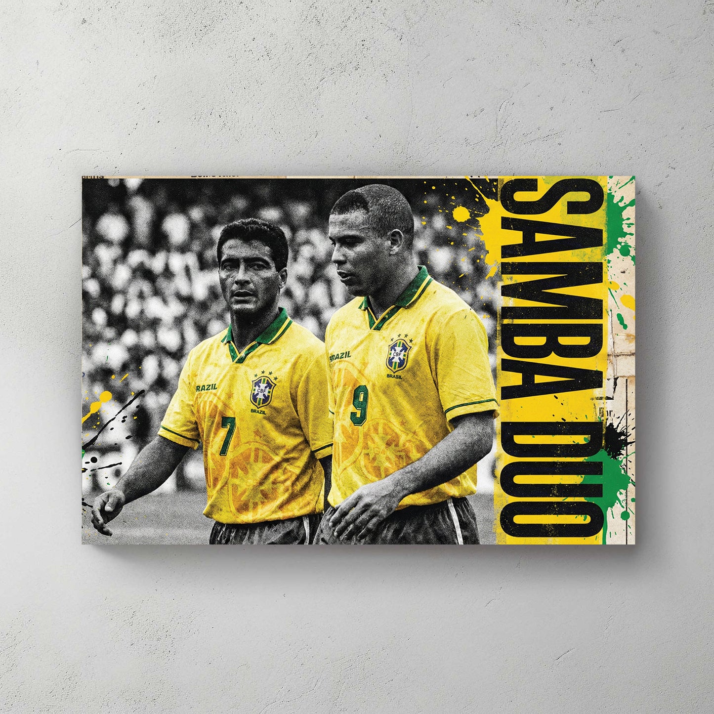 Vintage street art wall art featuring Ronaldo and Romário in Brazil jerseys with Samba Duo text.