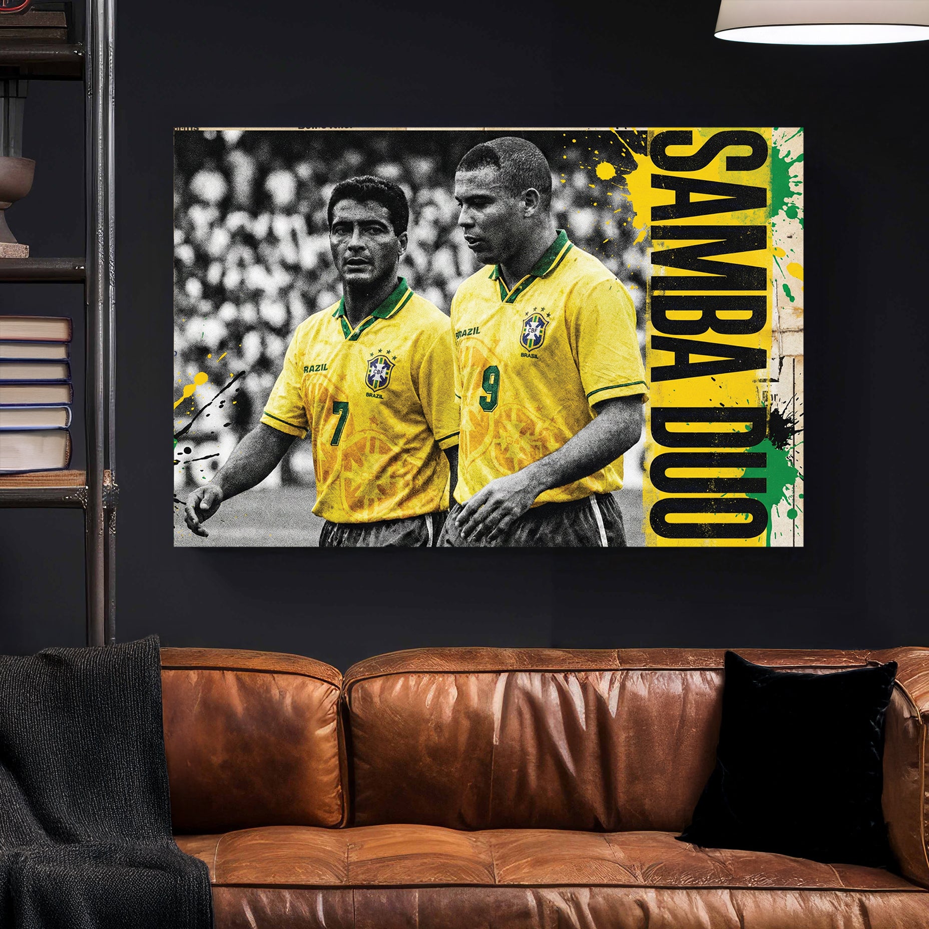 Vintage street art wall art featuring Ronaldo and Romário in Brazil jerseys with Samba Duo text.