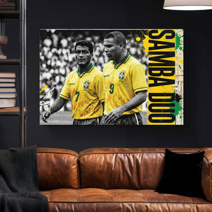 Vintage street art wall art featuring Ronaldo and Romário in Brazil jerseys with Samba Duo text.