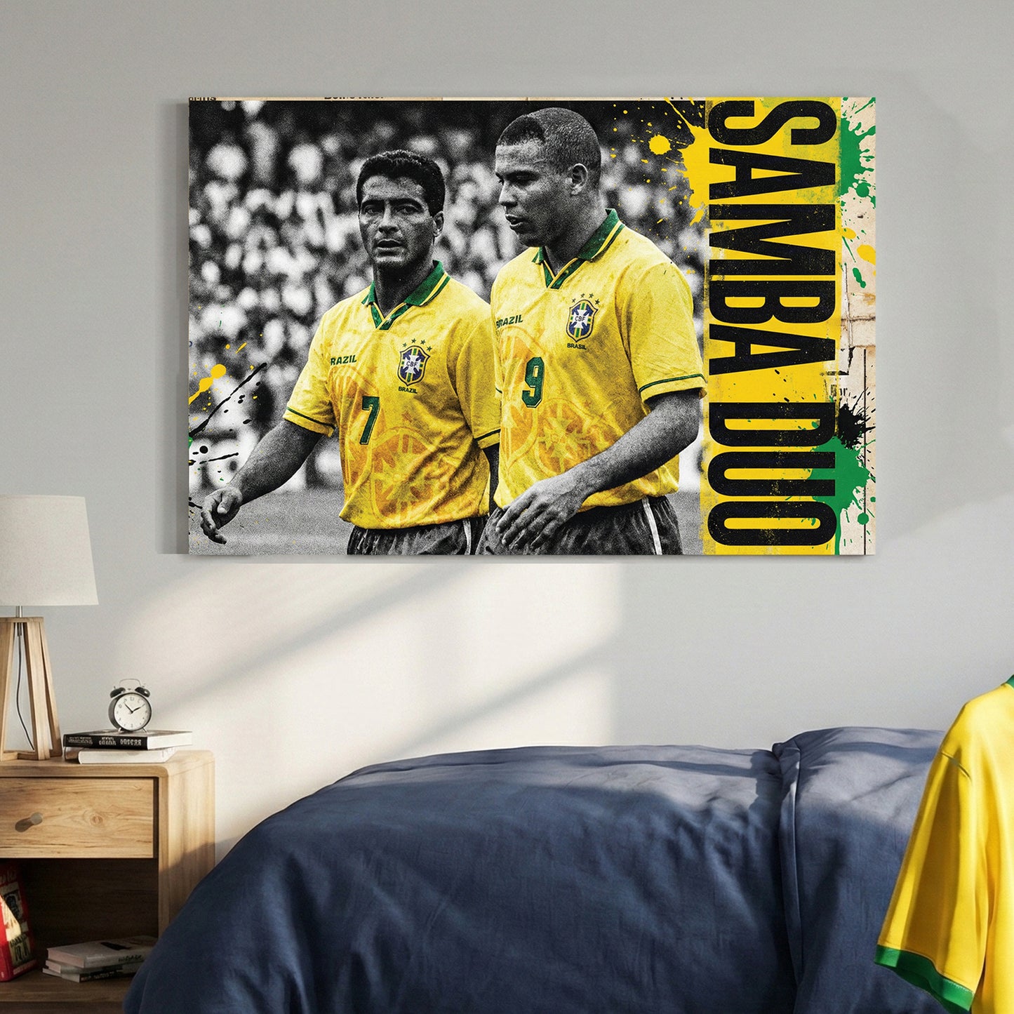 Vintage street art wall art featuring Ronaldo and Romário in Brazil jerseys with Samba Duo text.