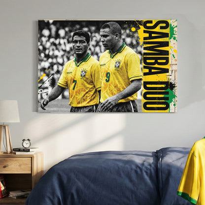 Vintage street art wall art featuring Ronaldo and Romário in Brazil jerseys with Samba Duo text.