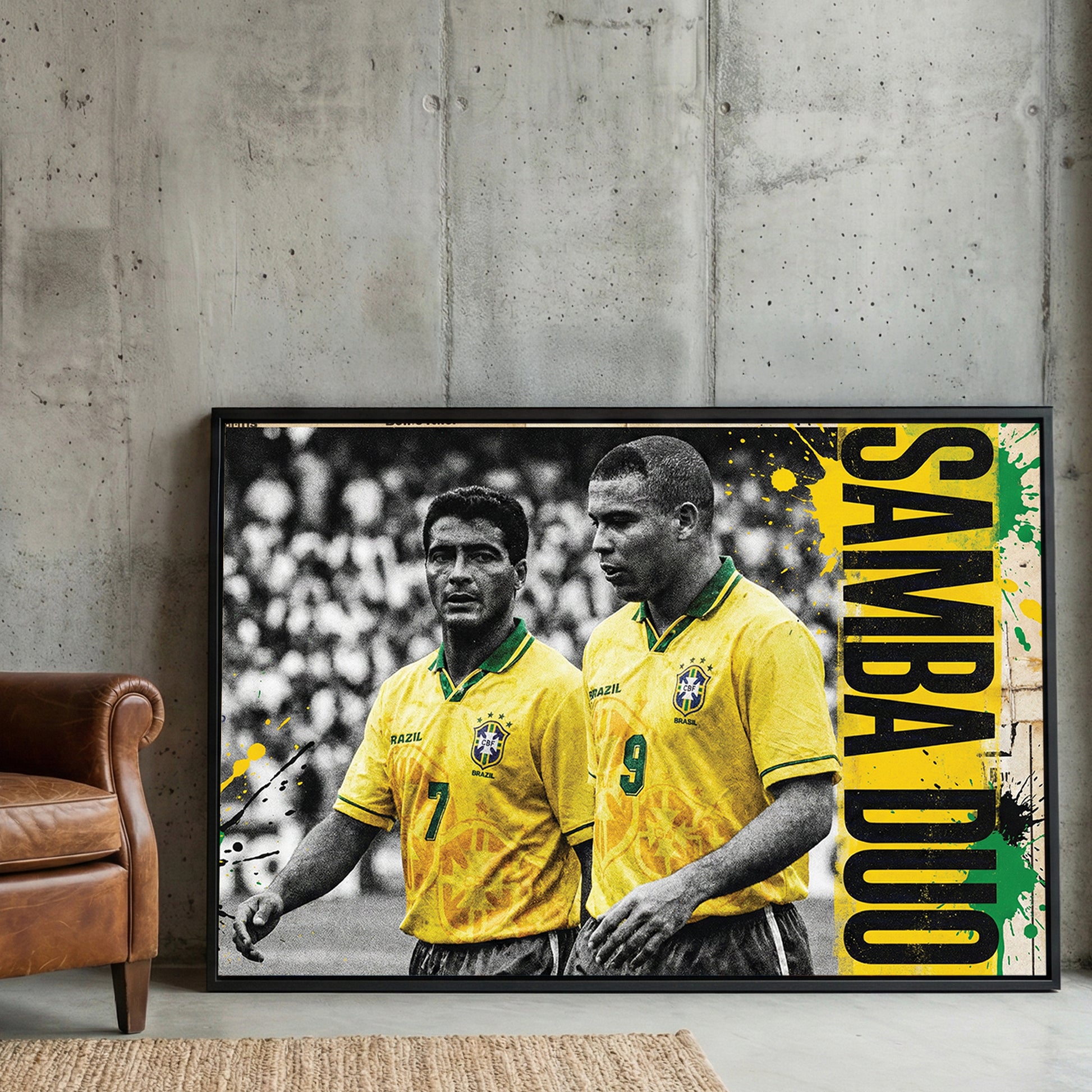 Vintage street art wall art featuring Ronaldo and Romário in Brazil jerseys with Samba Duo text.