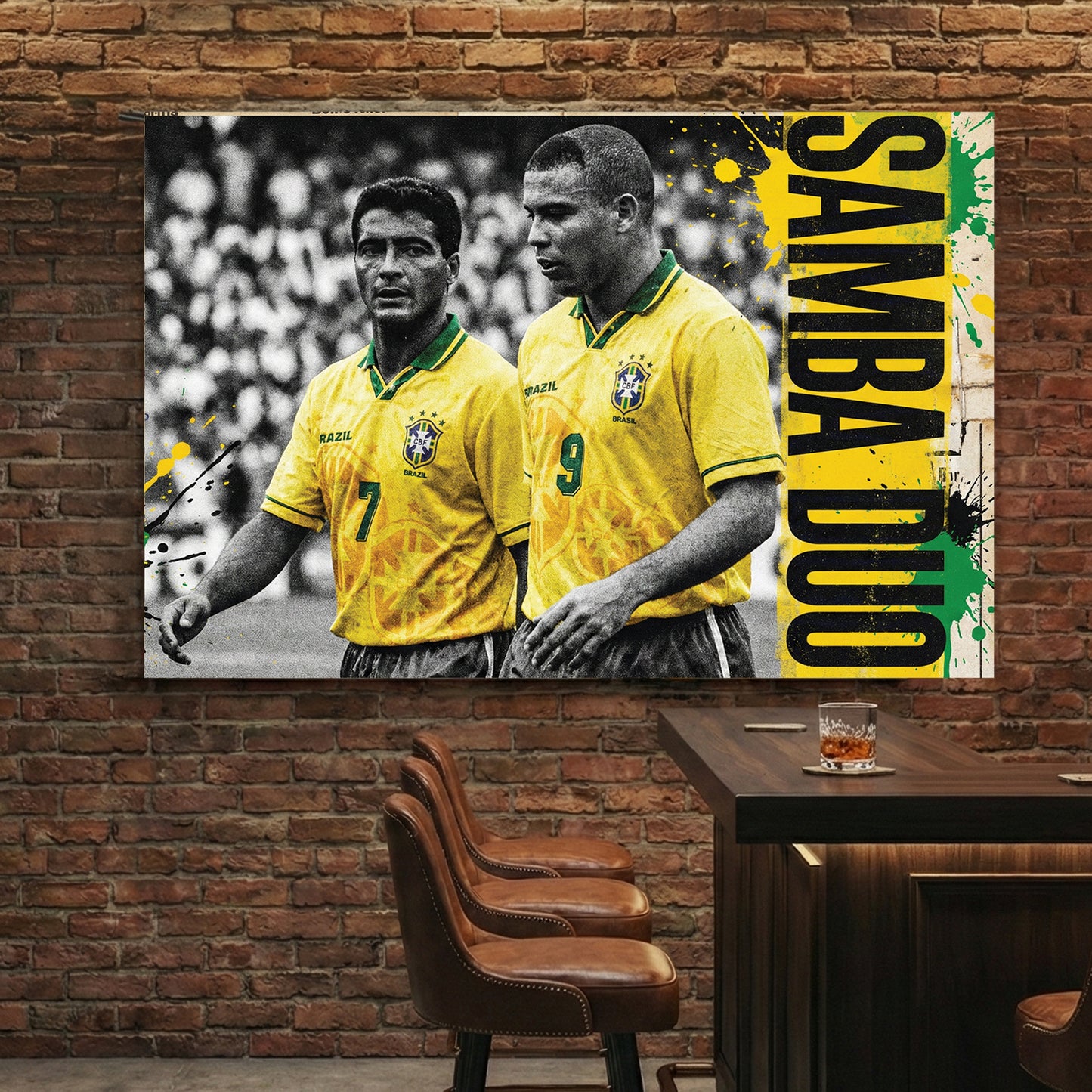 Vintage street art wall art featuring Ronaldo and Romário in Brazil jerseys with Samba Duo text.